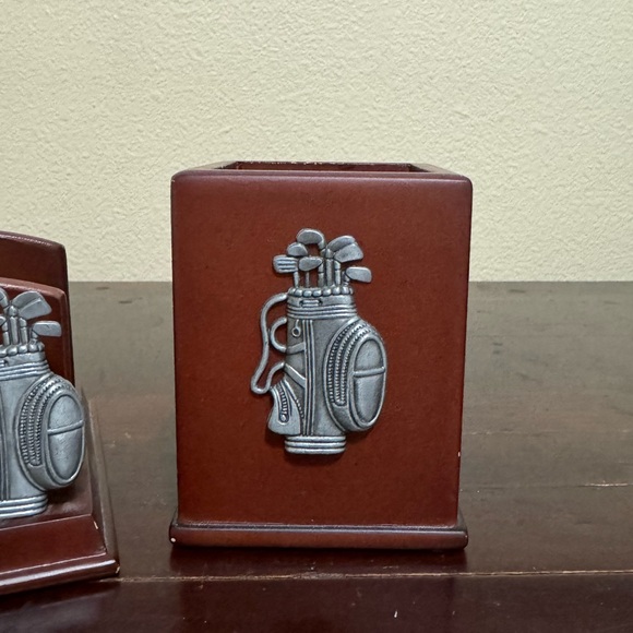 Vintage Desktop Wood and Pewter Mail Organizer Pen Holder Golf Theme - Picture 2 of 9